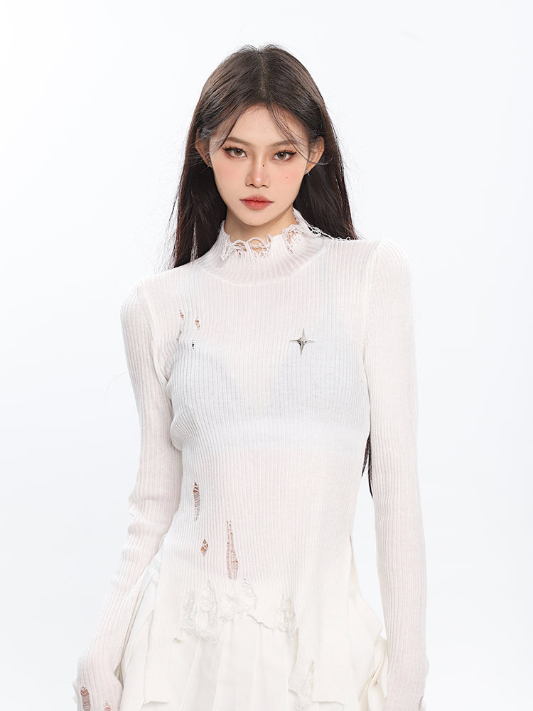 Destroyed Ribbed Long Sleeve Top