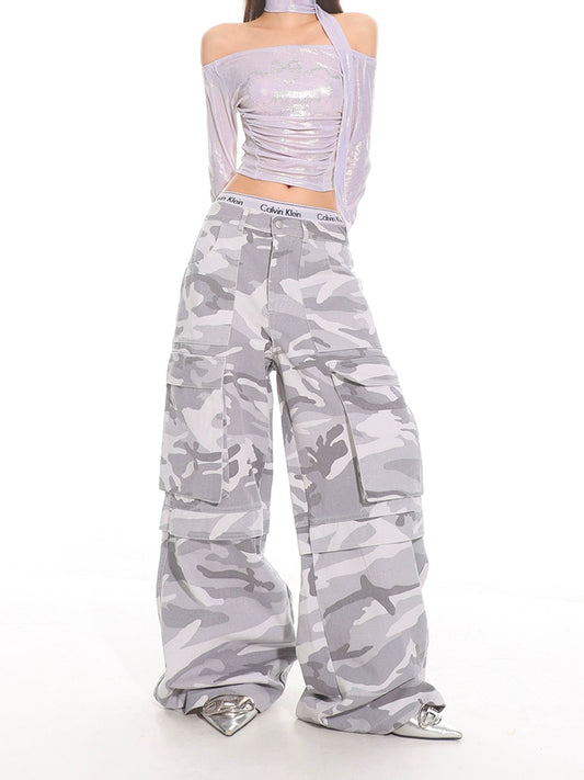 Gray Camo Wide Leg Cargo Pants