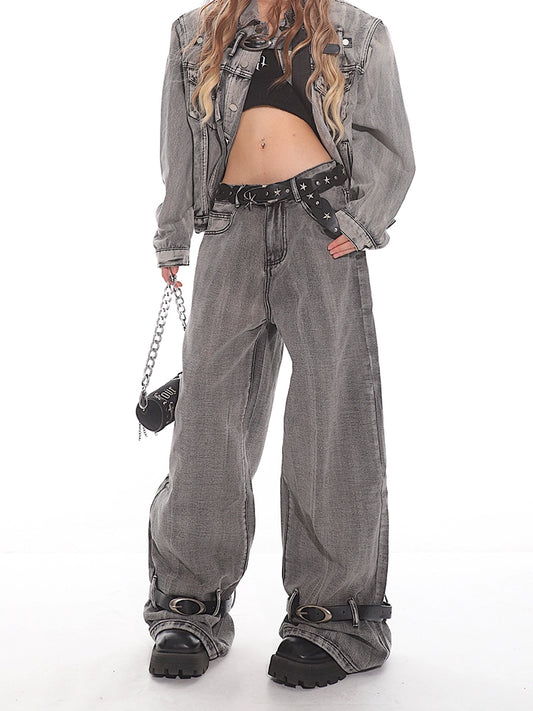 Grey Industrial Style Wide-Leg Distressed Jeans