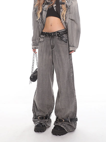 Grey Industrial Style Wide-Leg Distressed Jeans