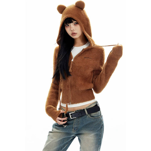 Bear Ears Cropped Plush Zip Hoodie