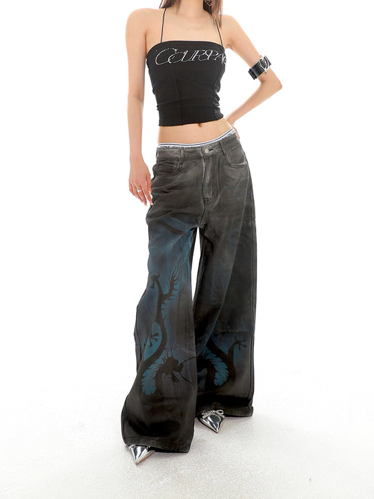 Graffiti Dragon Wide Leg Denim Jeans