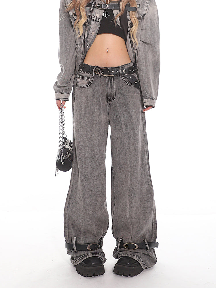 Grey Industrial Style Wide-Leg Distressed Jeans