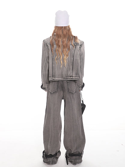 Grey Industrial Style Wide-Leg Distressed Jeans