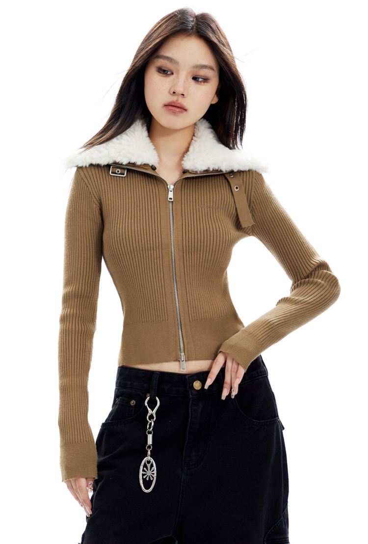 Ribbed Sherpa Collar Zip Up