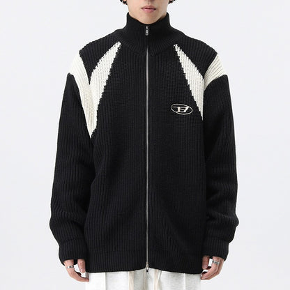 Streetwear Black Contrast Knit Zip Cardigan