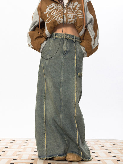 Raw Edge Maxi Denim Skirt