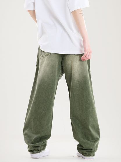 Deep Green Baggy Wide Leg Washed Jeans