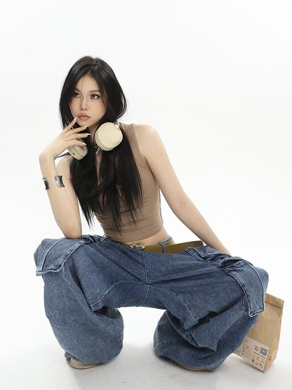 Baggy Wide Leg Denim Cargo Pants